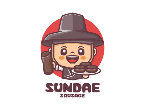 Cute Boy Cartoon Character in Korean Traditional Hanbok and  sundae sausage