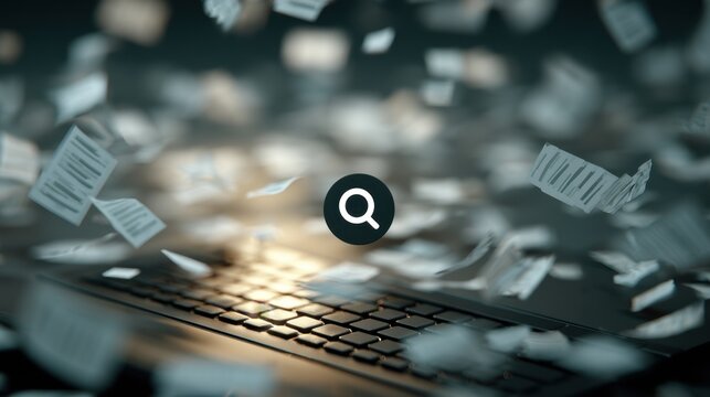 Searching for information with documents flying around a computer keyboard at night