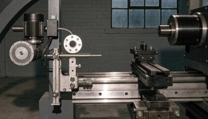 Fototapeta premium Medium shot focusing on the setup of a servodriven bar feeder attachment to a lathe finetuning electronic controls and guide positions for highprecision automated machining.