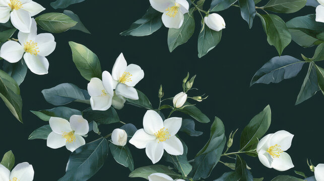 Beautiful floral pattern featuring white flowers and green leaves, creating serene and elegant atmosphere