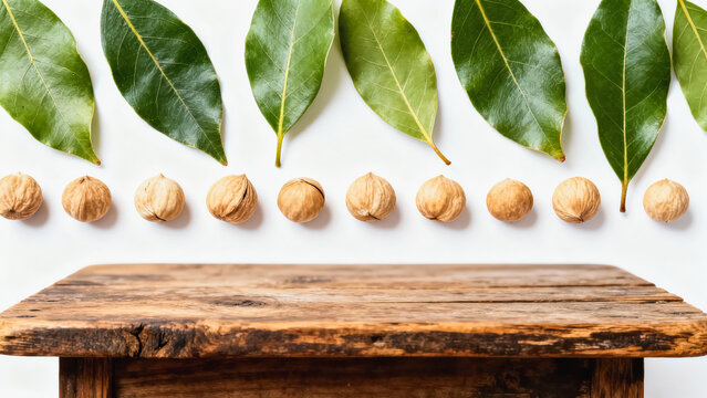 Top view flat lay of fresh walnuts and bay laurel leaves arranged on a white background above a rustic wooden table.