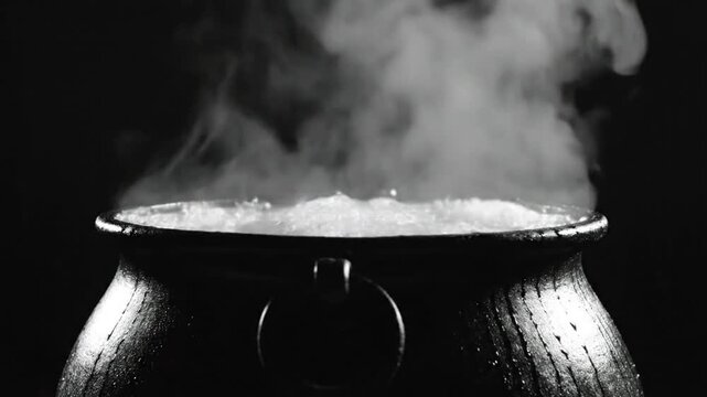 Black cauldron with boiling liquid and billowing steam against a dark background, perfect for halloween or fantasy themes
