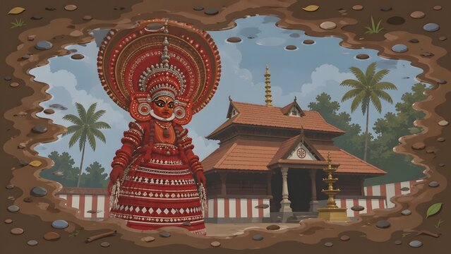 Theyyam performer in traditional red ritual costume stands before an ancient kerala temple depicted as a reflection within a muddy ground puddle