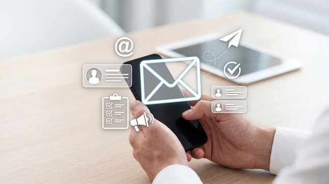 Hands holding smartphone with email marketing communication icons, social media message envelope, newsletter subscription list, contact database, digital promotion campaign,