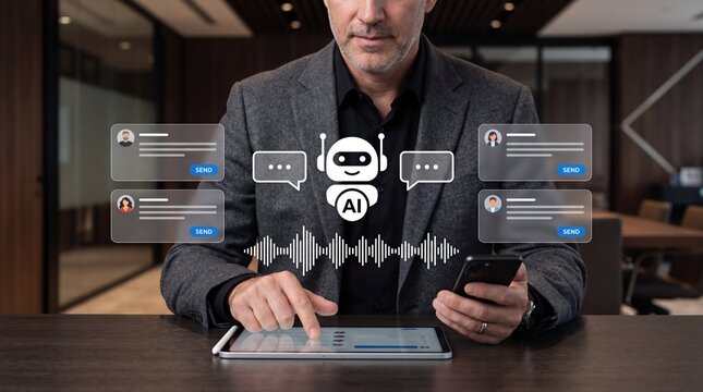 Professional businessman using AI chatbot interface on tablet, digital communication concept with voice recognition and messaging icons in modern office environment.