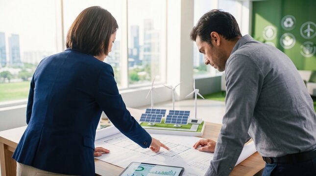 Architects planning renewable energy project with solar panels and wind turbines model on blueprint table in modern office, sustainable development concept