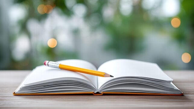 Pencil resting on an open notebook with a blurred background
