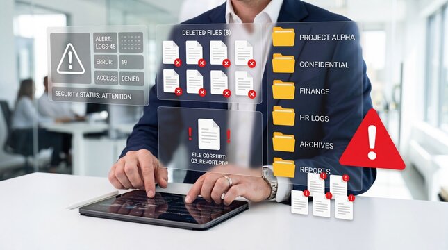 Cyber security alert system with holographic interface showing deleted files and access denied warnings, protecting confidential data from digital threats.