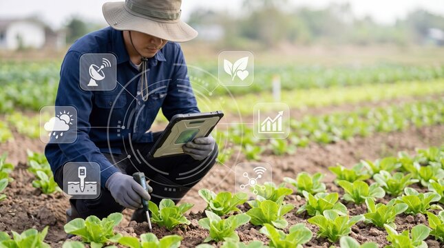 Farmer using tablet computer in vegetable field, smart agriculture concept, soil analysis sensor tool, crop monitoring, sustainable farming technology, organic food production,
