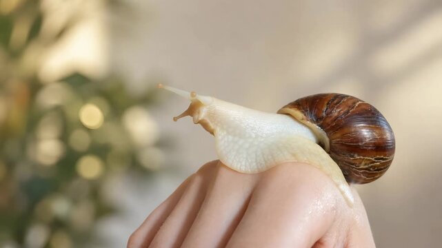 Close up of a snail crawling on a human hand indoors, gentle interaction with nature, pet care, curiosity, biology, and small animal observation concept