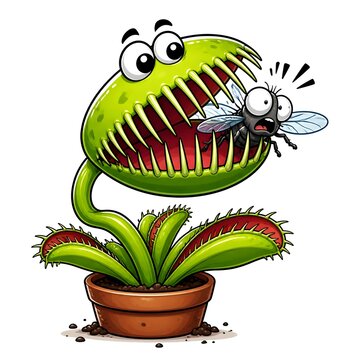 Cartoon venus flytrap catching insect illustration on white background