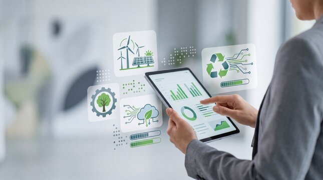 Business woman holding tablet with floating eco friendly icons representing wind energy solar power recycling and green technology concepts for sustainable corporate social