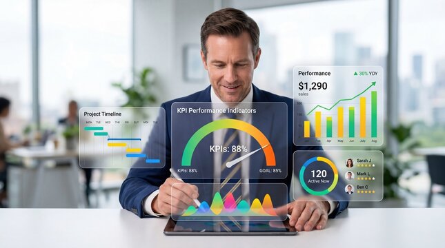 Smiling businessman analyzing KPI performance indicators and sales growth charts on tablet, project timeline and active user metrics displayed in modern corporate workspace.