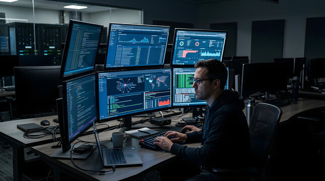 Cybersecurity analyst monitoring network security in a dark server room