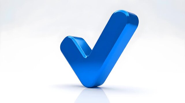 3D animation of a shiny blue checkmark rotating slowly on a white background