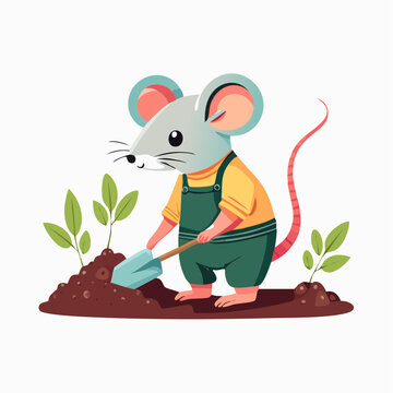 Cute cartoon mouse planting a seedling with a shovel