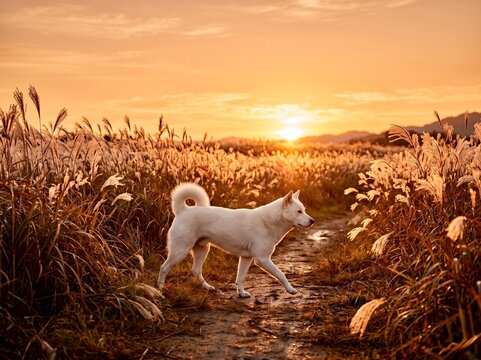 White Korean Jindo Dog Walking Through Silver Grass Field at Autumn Sunset