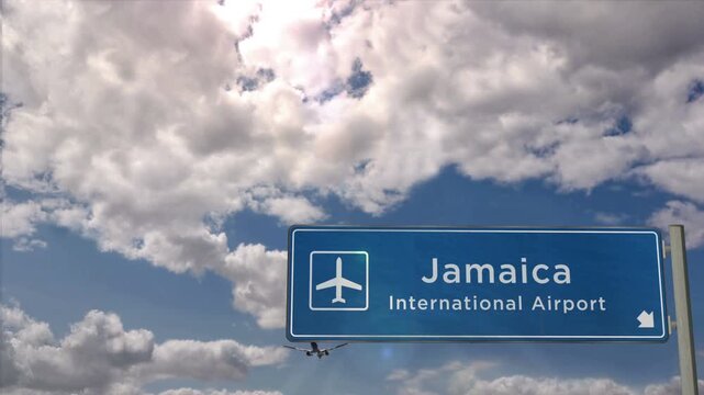 Jamaica Kingstone Jet plane landing. City arrival with airport direction sign. Travel, business, tourism and airplane transport concept.