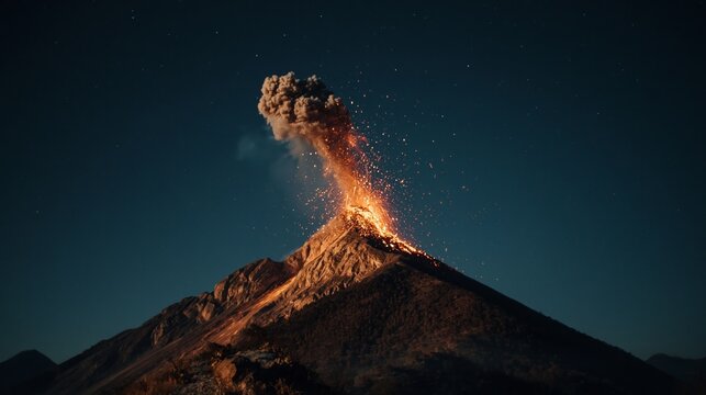 A volcano spews lava and ash into the starry sky, providing a dramatic backdrop for stories about natural disasters, geology and the power of natural phenomena.