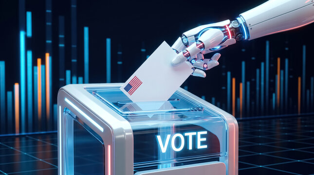 Robot hand casting ballot in USA election, AI voting, digital democracy and election technology concept.
