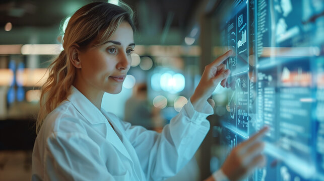 Woman in Tech: A focused professional in a lab coat interacts with futuristic touch screens, exploring complex data and advanced technology.