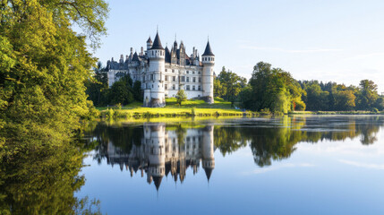 Obraz premium Picturesque castle surrounded by lush greenery and serene lake, reflecting its stunning architecture in water