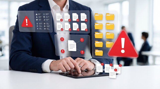 Businessman using tablet with holographic data breach alert warning signs, cyber attack security threat concept showing corrupted files and folder errors requiring immediate IT