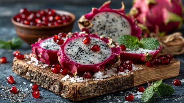 Juicy slices of pitaya with pomegranate on a wooden board provide an exotic backdrop for a menu of tropical cocktails and articles on superfoods.