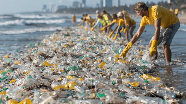Volunteers in yellow T-shirts are clearing mountains of plastic waste from a polluted beach, providing a stark backdrop for environmental campaigns, issues of ocean pollution and nature conservation.