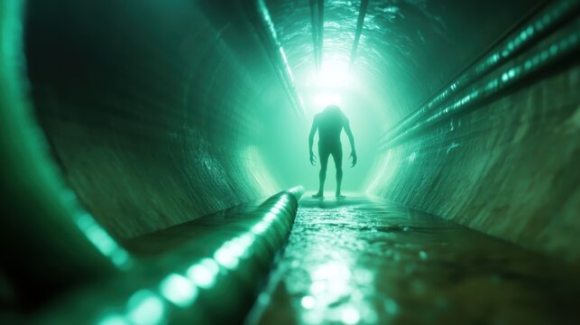 A shadowy figure stands hauntingly in a dimly lit tunnel, creating an atmosphere of mystery and suspense that captivates the viewer's imagination.