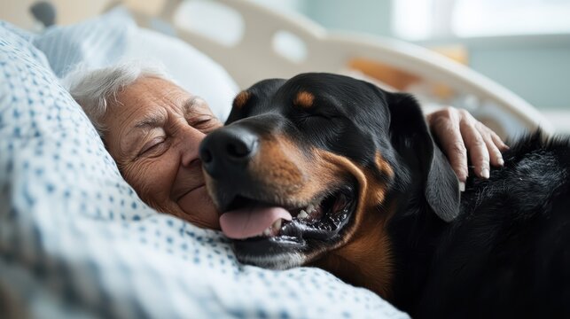 An endearing scene of an elderly woman lovingly cuddling her dog in a cozy bed, conveying warmth, companionship, and the bond of love between pets and humans.