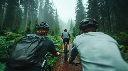 Fototapeta premium This dynamic image features two mountain bikers traversing a misty, lush green forest trail, highlighting adventure and the thrill of exploration in nature's embrace.