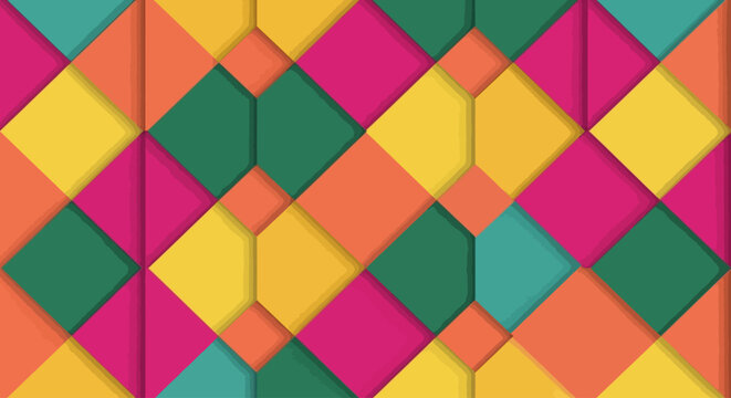 A vibrant and colorful abstract geometric pattern featuring a tessellation of diamonds and squares in shades of teal, yellow, pink, and orange, creating a modern and dynamic visual