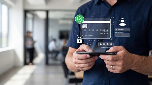 Close-up of a man holding a smartphone with a holographic overlay showing secure credit card payment verification details and user login credentials for online banking.