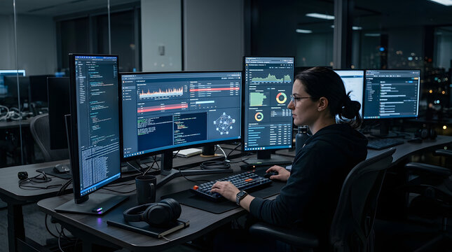 Professional software developer working on complex code and data analytics in a modern dark office environment