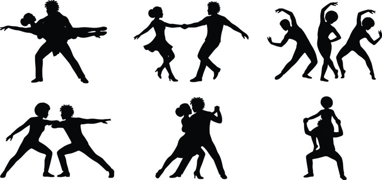 Collection of dancing couple silhouettes in diverse partner poses for lifestyle, romance, entertainment, and creative design concepts