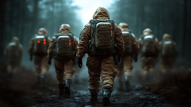 A team of soldiers in tactical gear progress through a misty forest, representing unity, determination, and the bravery of those who serve in challenging environments amidst nature's beauty.