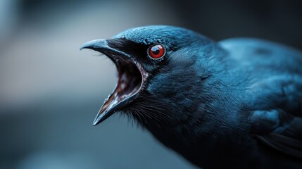 Fototapeta premium An artistic close-up of a blue bird with vibrant red eyes, captured at the moment of calling out, revealing the beauty of nature’s vivid colors and emotions.