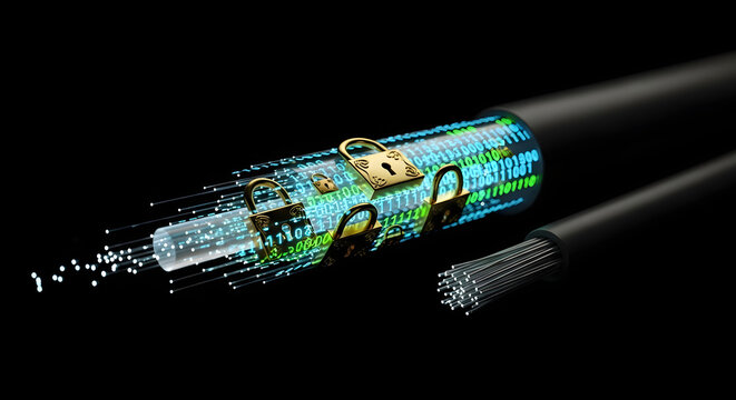 Secure Fiber Optic Data Transmission with Cybersecurity Locks Concept