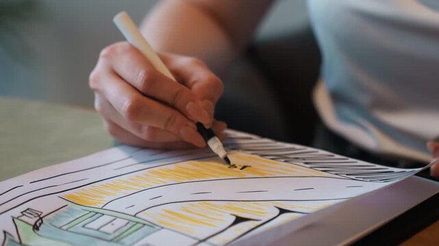 Closeup white artist adding dotted texture with fine pen on roof sketch, steady wrist motion, ink shading and contrast, clipboard on tabletop, focused studio atmosphere, instructional tempo