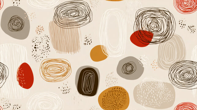 Seamless abstract composition with scribbles and organic shapes in neutral palette with red accents, modern artistic decorative pattern