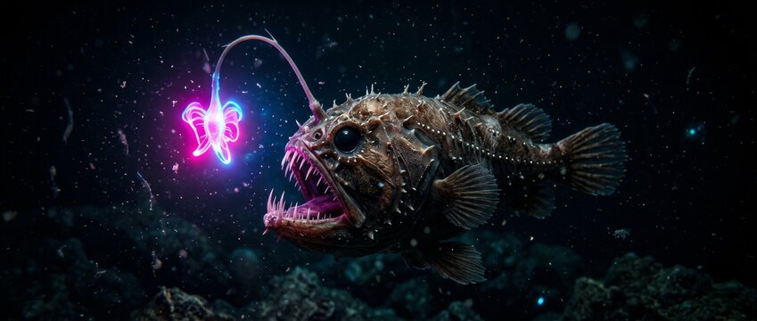 Fearsome anglerfish with glowing lure in the deep dark ocean abyss deep sea marine life underwater photography bottom dweller strange creature anglerfish