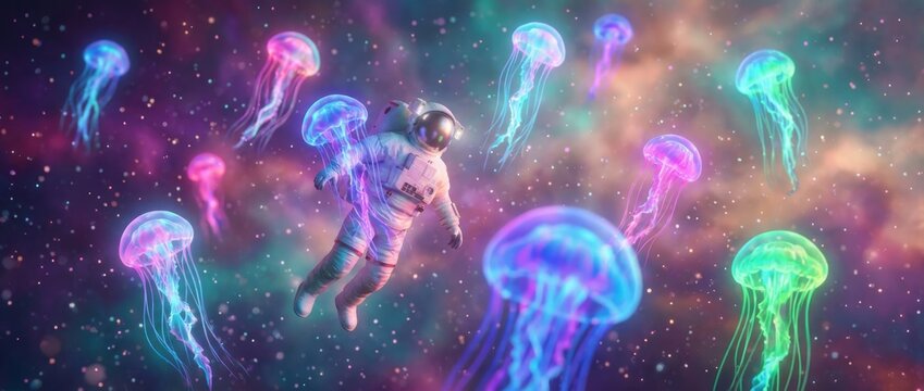 Astronaut floating among bioluminescent jellyfish in a nebula with sci fi digital art deep space