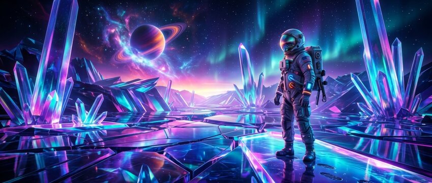 Astronaut standing on alien planet with crystalline formations and aurora borealis, science fiction