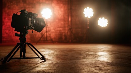 Fototapeta premium A professional camera set up on a tripod within a dimly lit space, surrounded by bright lights, ready for capturing stunning and memorable moments in various settings.