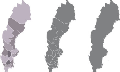 Fototapeta premium Sweden Administrative Regions Map Set in Purple, Mauve, and Dark Gray Tones — Subtle Monochrome Vector Collection with County Borders