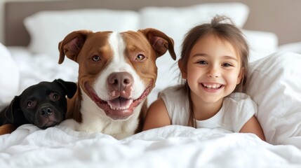 Plakat This heartwarming image captures a young girl smiling brightly as she poses with her two playful dogs, showcasing the bond between children and pets in a cozy home setting.