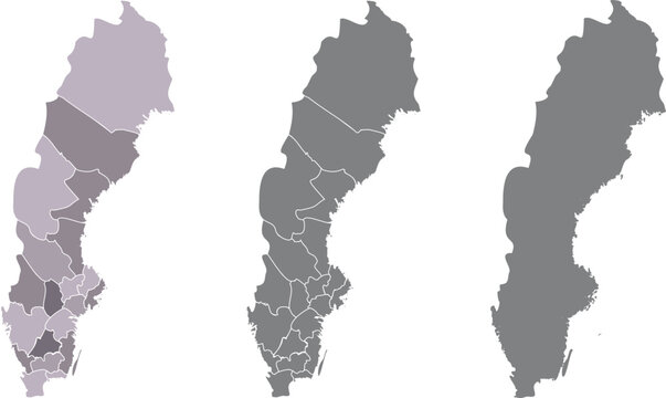 Sweden Administrative Regions Map Set in Purple, Mauve, and Dark Gray Tones &mdash; Subtle Monochrome Vector Collection with County Borders