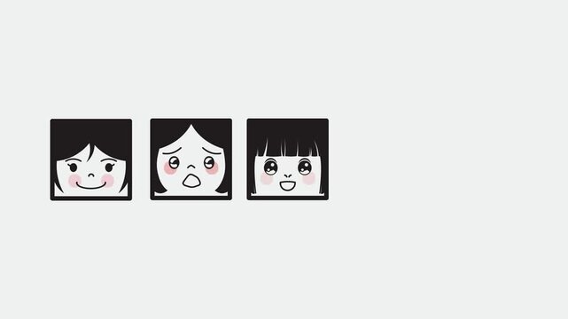 4k footage animation of Expression popped repeat on grid of five diverse emotions laughing, crying, joy, and smiling against black and white backgrounds expressing pure joy in a grid layout