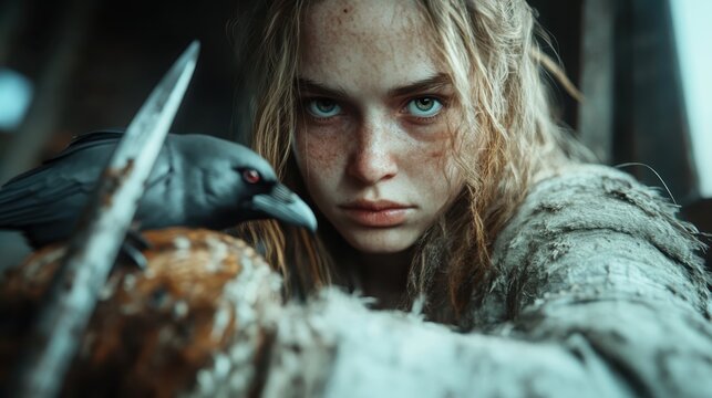 A fierce young woman stares intensely into the camera, accompanied by a dark bird perched on her arm, evoking a sense of mystery and connection with nature.